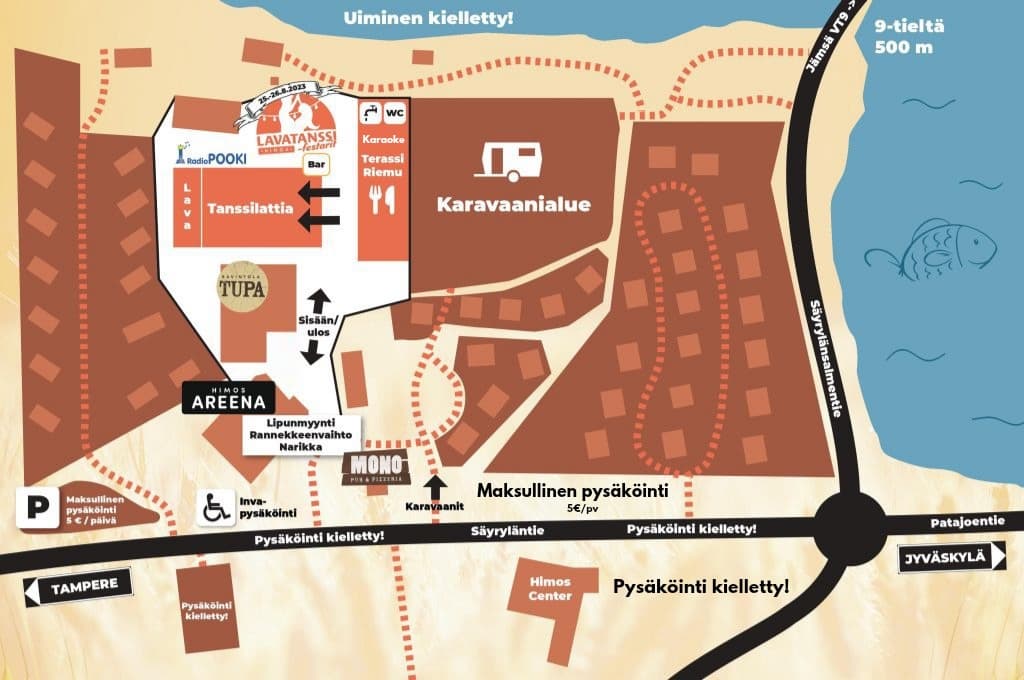 Lavatanssifestarit Himos — tapahtuma-alueen kartta ja saapumisreitit